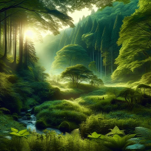 Vibrant good morning image of a lush, green forest at dawn, radiating energy and growth, with no living beings, capturing a fresh, peaceful morning.