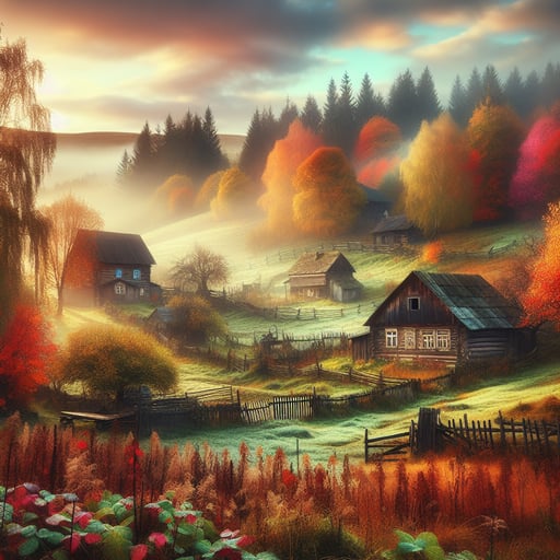 A serene good morning image of a rustic autumn setting, with old farmhouses, barns, and a landscape draped in vibrant fall foliage.