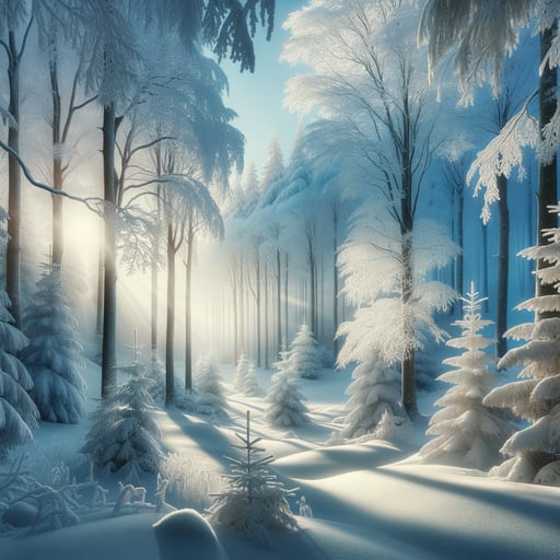 Enchanting winter forest scene covered in snow with no animals, emitting a tranquil vibe with 'Good morning' text.