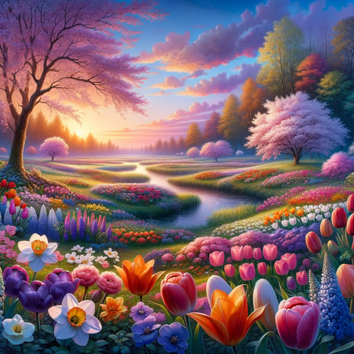 Serene spring dawn with a blossoming array of tulips, daffodils, and cherry blossoms as a good morning image.