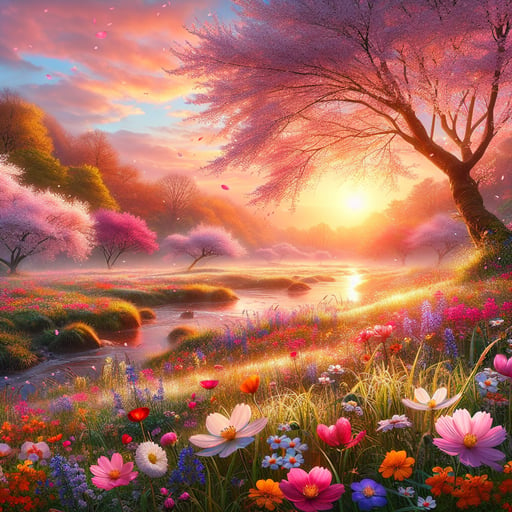 A stunning good morning image of vibrant wildflowers, glistening dew, and cherry blossoms under a soft sunrise.