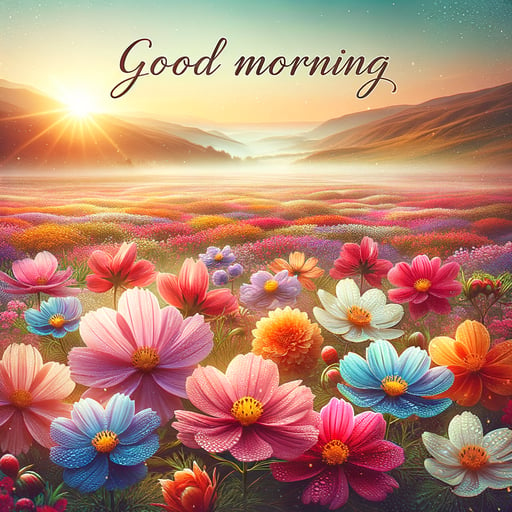 A fresh, vibrant field of blossoms under a warm sunrise with the text 'Good morning' written elegantly in the center.