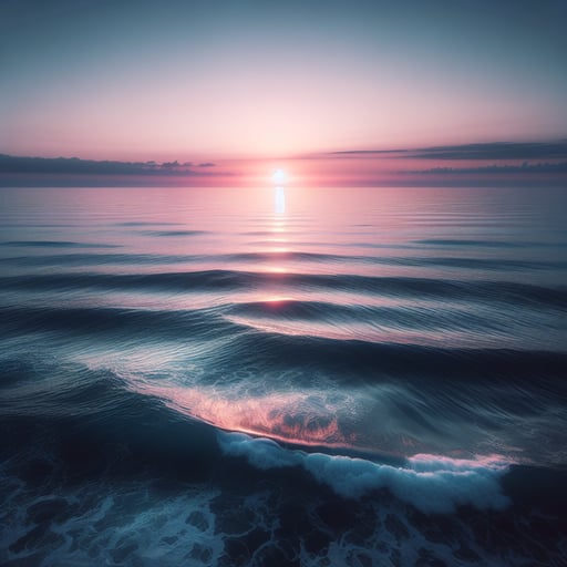 A serene good morning image featuring a tranquil ocean at sunrise, with crisp waters and pastel hues of pink and orange painting the sky.