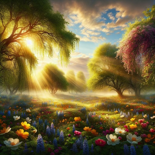 A serene spring morning with sunlight filtering through dew-kissed leaves and a spectrum of blooming flowers creating a tapestry of color, encapsulating the essence of a vibrant, good morning image.