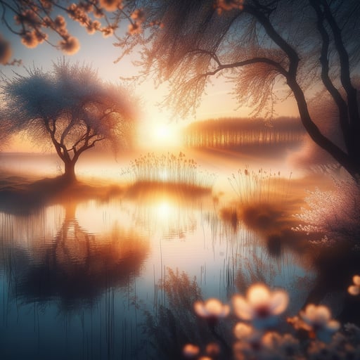 A tranquil spring morning scene with a sunrise bathing the landscape in warm hues, symbolizing a fresh start. Good morning image.