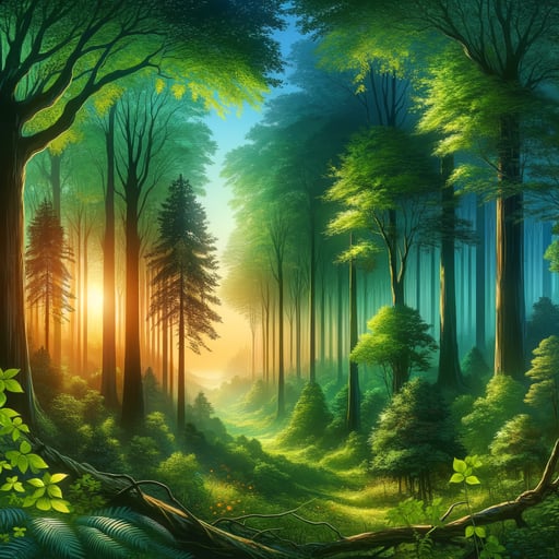 A good morning image capturing the serene beauty of a dense, vibrant forest with sunlight filtering through.