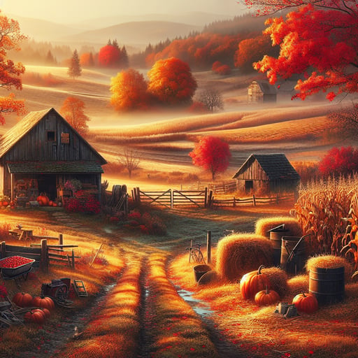 A serene countryside morning in autumn, with a quaint barn, hay, farm tools, and vibrant fall foliage under a glowing sunrise, forming a perfect good morning image.