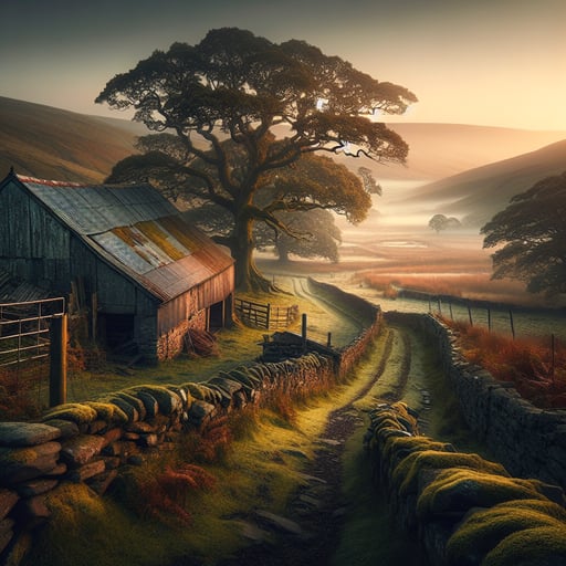 Rustic countryside at sunrise featuring an old barn, stone pathway, rolling hills, and ancient trees draped with moss - a serene good morning image