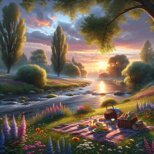 Serene summer morning with a picnic setup near a river, under a colorful sunrise sky, symbolizing a joyous start to the day - good morning image.