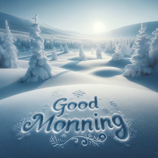 A peaceful good morning image capturing a tranquil winter morning, with snow-covered earth and the phrase 'Good morning' etched in snow.