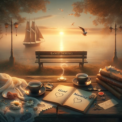 Tranquil morning scene depicting cherished romantic memories through symbolic objects. Good morning image.