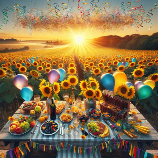 Early morning light shines over a field of sunflowers with a festive picnic setup, embodying a joyous summer celebration in a good morning image.