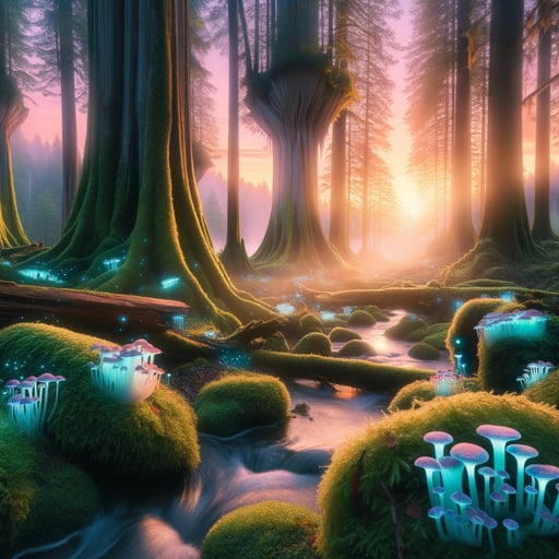 Magical forest at sunrise with ancient trees, velvet moss, and glowing mushrooms. Good morning image.