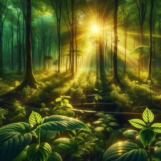 The dawn light filters through a vivid, emerald forest, dew sparkling on leaves. A refreshing good morning image.