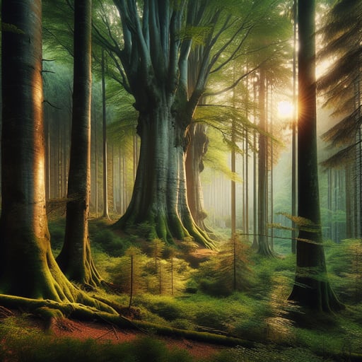 A serene good morning image of ancient forests basking in the gentle embrace of the morning sun, showcasing tranquility and the timeless dance of nature.