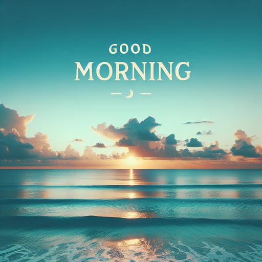 Serene ocean vista at sunrise, seamlessly merging ocean and azure sky, with 'Good Morning' text overlay.