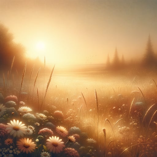 A serene field illuminated by the golden glow of sunrise, wildflowers sway in the morning breeze – a perfect good morning image.