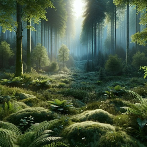 Photorealistic good morning image of a vibrant, untouched forest, with dew-kissed leaves gleaming in the early light.