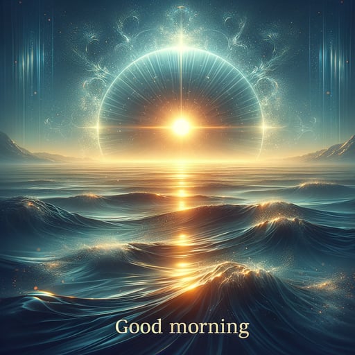 A peaceful good morning image of an enchanting ocean landscape with sunlight glinting on calm waters.