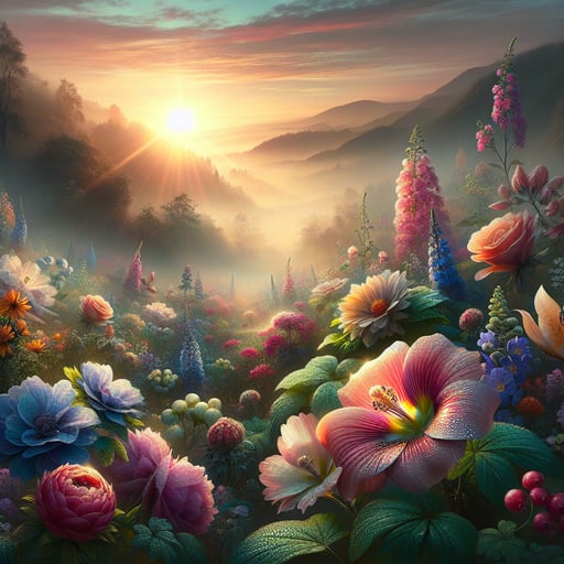 Good morning image of a tranquil landscape, awash with colorful, fragrant flowers and glistening morning dew.