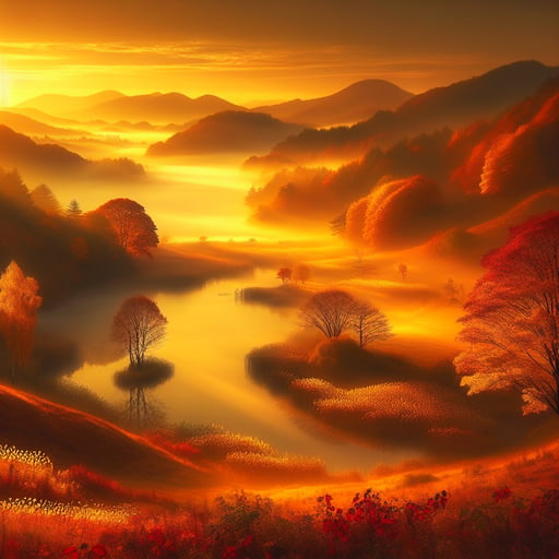 A serene good morning image showcasing a golden autumn morning with vividly colored leaves and a glowing landscape.
