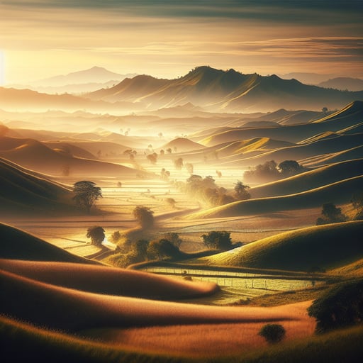 A tranquil good morning image capturing rolling hills and vast fields illuminated by gentle morning light, perfect for a serene start.