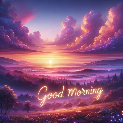 A tranquil landscape with a vibrant sunrise, highlighted by pinks, purples, and oranges, signifies a peaceful good morning image.