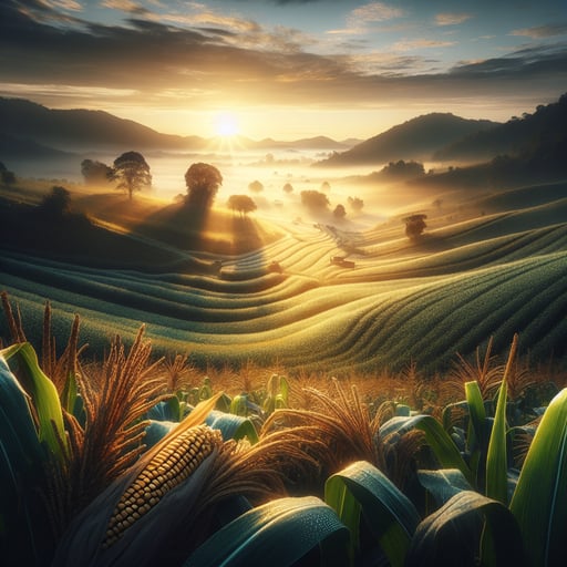 A serene morning scene showcasing a fertile farmland bathed in dawn light, sparkling with morning dew - good morning image