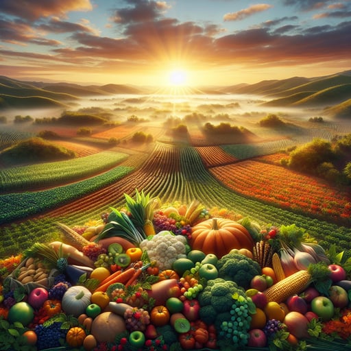 good morning image of a vibrant morning landscape with a bountiful farm and rising sun