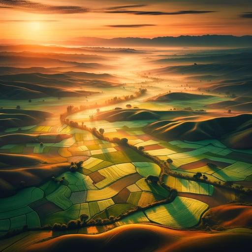 A breath-taking good morning image of tranquil farmland, bathed in the gentle hues of sunrise.