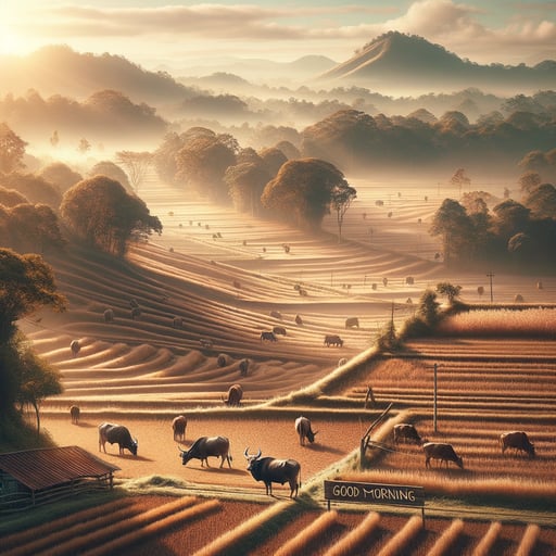 A tranquil pastoral countryside morning with plowed fields, grazing herds, and a soft sunrise in the good morning image.