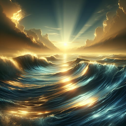 A serene morning oceanic vista, capturing the shimmering golden sunshine on vast waves. A perfect good morning image.