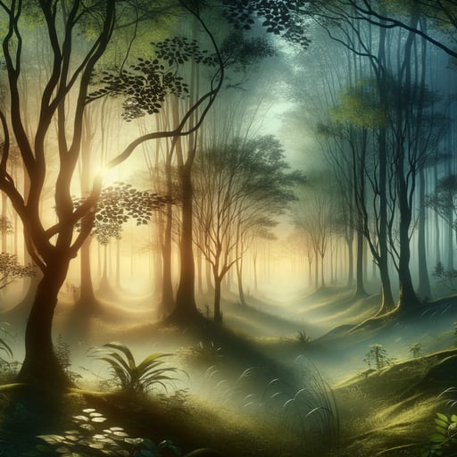 A serene morning in a magical forest where leaves whisper in the breeze, devoid of any figures, encapsulating tranquility in a good morning image.