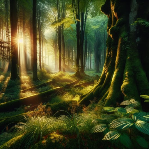 Sunrise in a lush forest, highlighting green leaves and ancient trees with a soft, warm light - a perfect good morning image.