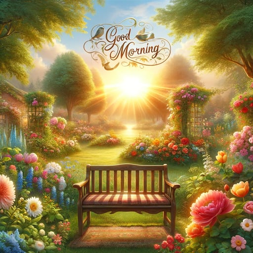 A serene summer garden at sunrise with colorful blossoms, a welcoming bench, and 'Good morning' in the sky.