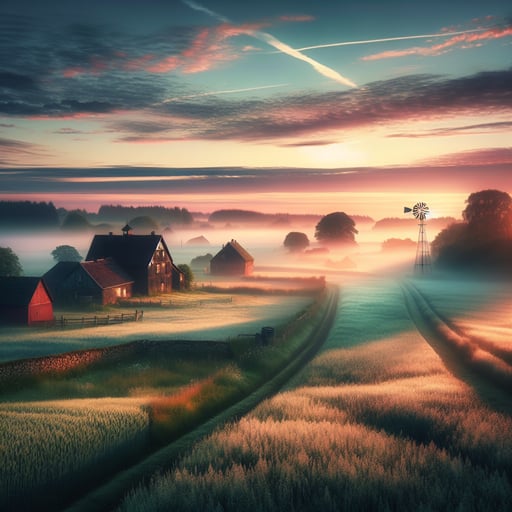 Serene countryside scene with a rustic farmhouse, red barn, and a softly spinning windmill under the pastel dawn sky, embodying a peaceful good morning image.