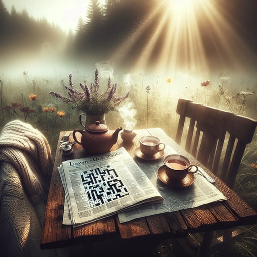 Heartwarming good morning image of a cozy outdoor breakfast table, with steamy tea and an open crossword, inviting a sense of romance and connection.