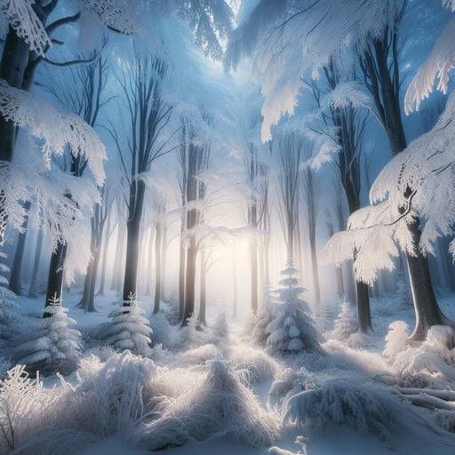 Enchanting winter forest in the early morning with tall trees covered in pristine snow, embodying tranquility.