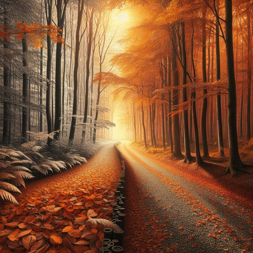 The serene beauty of an autumn morning with sunlight filtering through colorful leaves onto a quiet, leaf-littered lane in the forest, good morning image.