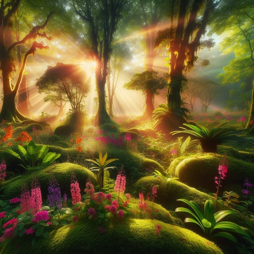 Sunlight streaks across a dew-kissed landscape filled with blooming flowers and lush greenery, good morning image.