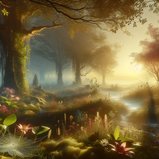 A serene good morning image of a flourishing forest bathed in sunrise hues, with dew-dropped leaves and vibrant flowers