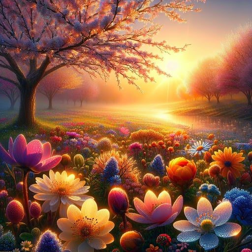 A good morning image of a serene spring sunrise, with glistening dew on vibrant blossoms.
