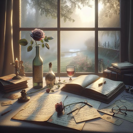 Tranquil morning scene with symbols of love including an open book, a rose, vintage wine, and handwritten letters on a table overlooking a garden.