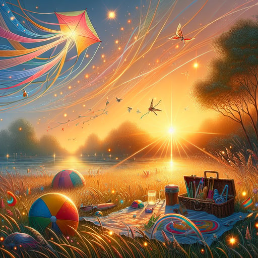 A vibrant good morning image depicting a summer scene with a colorful kite in a tree, a beach ball by a lake, with fireflies and rising sun.