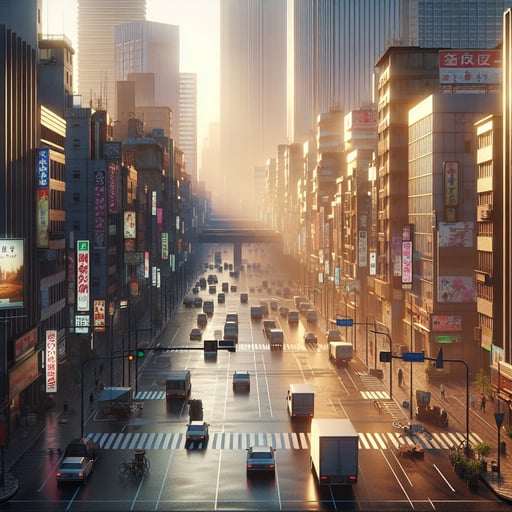 A good morning image of a busy cityscape with early morning sun, reflecting off tall skyscrapers and quiet streets filled with cars and bikes.