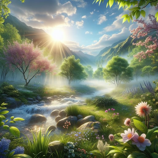 Good morning image with a tranquil spring morning scene, dew-kissed flowers, lush greenery, and a misty sunrise.