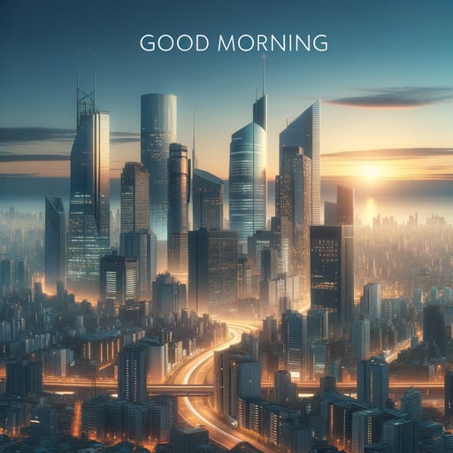 A tranquil good morning image showcasing a modern cityscape at dawn, with skyscrapers bathed in gentle sunrise light.