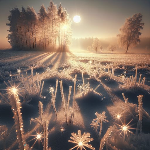 A tranquil good morning image showcasing a sparkling winter scene with snow-covered fields and ice-adorned trees.