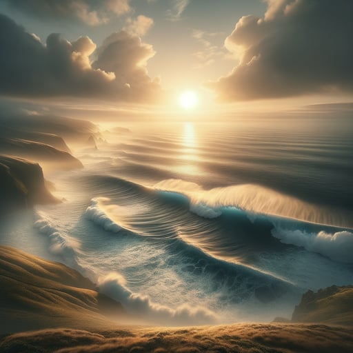 Good morning image of the sun rising over the ocean, casting a golden light on powerful waves hitting the shore.