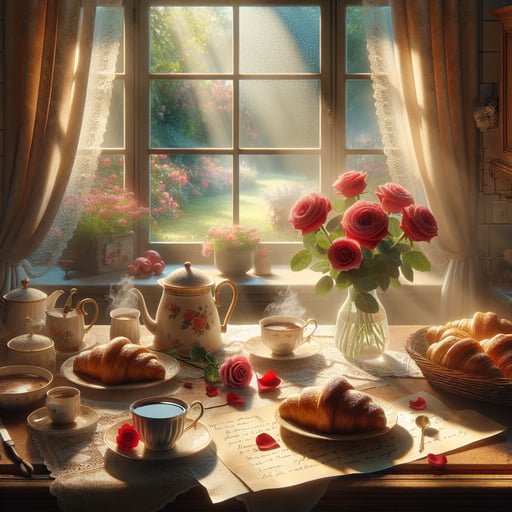 Steaming cups of coffee on a kitchen table with croissants, a note of love, and a single red rose illuminated by a soft beam of morning light, with garden view outside.